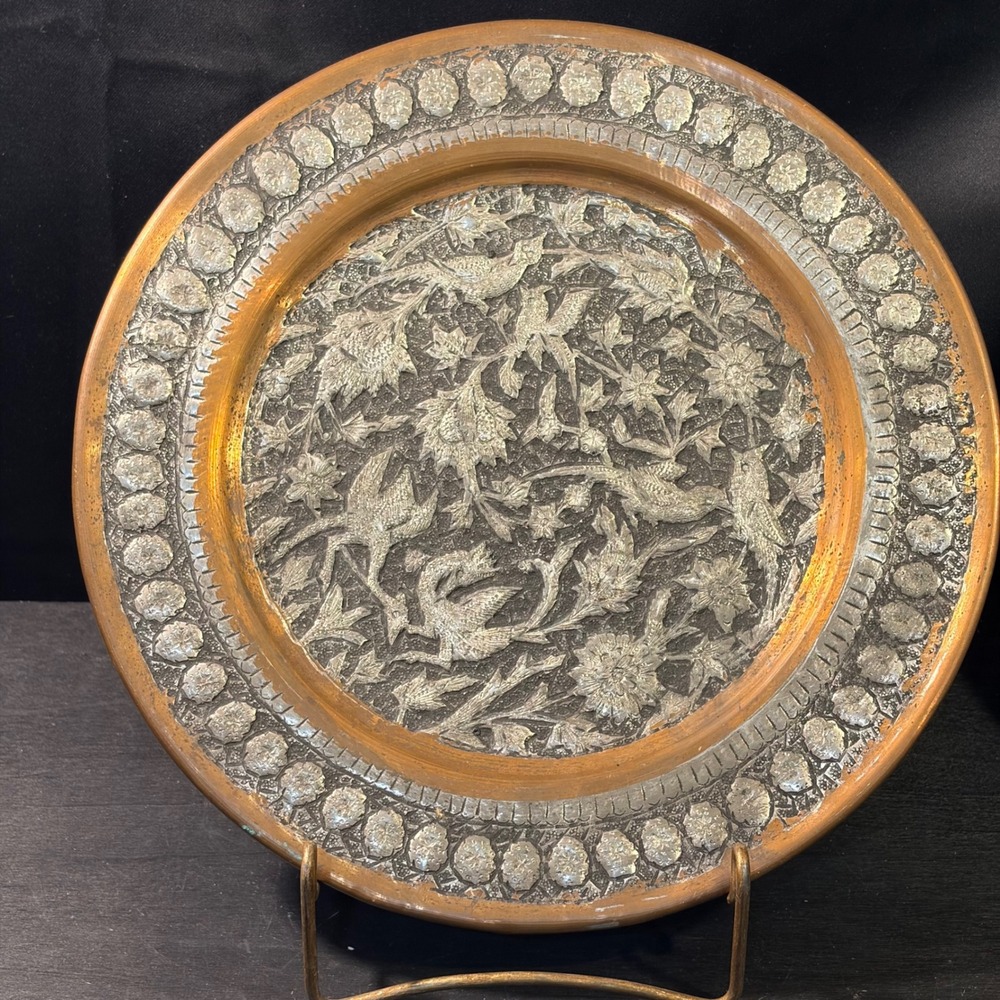 Vintage Mixed Metal Repousse Decorative Plate Birds Flowers Copper Silver Tone
